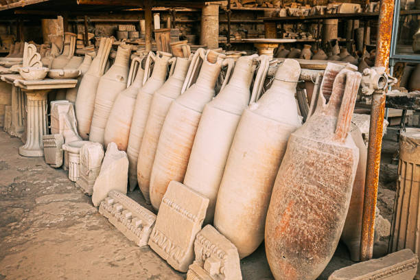 Pompeii, Italy - August 16, 2018. Pottery and frescoes in the city of Pompeii.