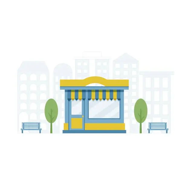 Vector illustration of Store facade. Shops fronts on street. Store can selling baked and farm products, pizza, flowers, books, wine, meat, candies, toys.