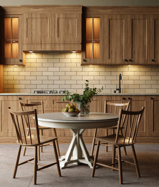 istock Kitchen with wooden cabinets and a dining table. High quality illustration 3d rendering retro vintage style. 1584992213