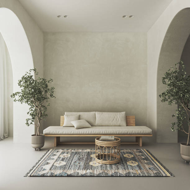 istock Conceptual interior livingroom with stucco beige arch wall. Creative composition wooden bench with wicker table in pastel color. Mockup empty background. 3d rendering. High quality 3d illustration 1584992287