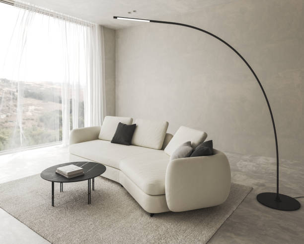 istock Conceptual interior living room with stucco wall. Creative composition sofa with lamp in pastel color. Mockup empty background. 3d rendering. High quality 3d illustration 1584992290