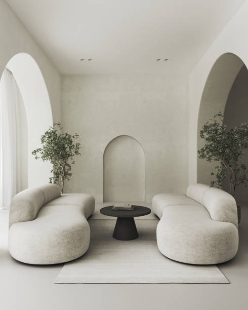 istock Conceptual symmetry interior room with arched stucco wall. Creative composition sofa with arch in pastel color. Mockup empty background. 3d rendering. High quality 3d illustration 1584992291