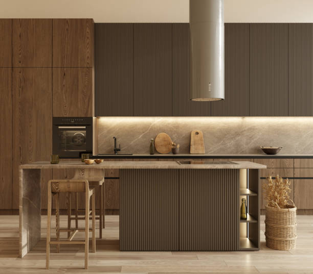 istock Minimal modern dark wooden kitchen. Interior design apartment with scandinavian style. 3d render illustration. 1584992322