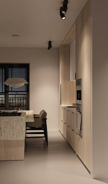 istock Kitchen interior with natural materials. Wooden cabinet, ceiling, stone countertop and concrete floor. Windows with landscape view and night lighting. 3d rendering. High quality 3d illustration 1584992361