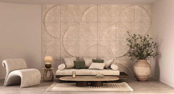 istock Modern bohemian interior composition with large scandinavian sofa with pillows, warm light lamp and decorative molding panels. 3d rendering. High quality 3d illustration 1584992363