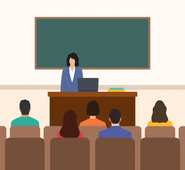 Vector illustration of Rear View Of Students In University Lecture Hall. Female Professor Lecturing To Students. Back To School Concept