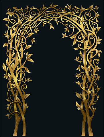 Golden fabulous forged arch made of vines. Vector 3d. Oriental cover style