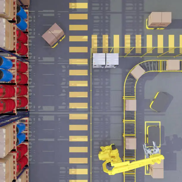 Group of AGV (Automated guided vehicle) and robotic are sending data for communication with command center in smart warehouse during carry goods to production line