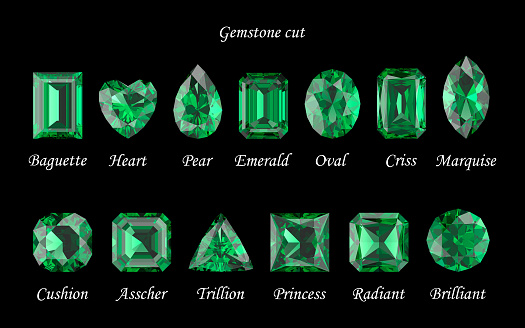 Set of emeralds in different cuts. Cutting scheme. Crystals on a black background. Jewelry technologies. 3d rendering.