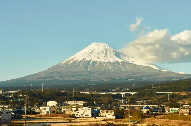 Mount Fuji in the afternoon light, photographed from the  Tokyo-Osaka bullet train window.