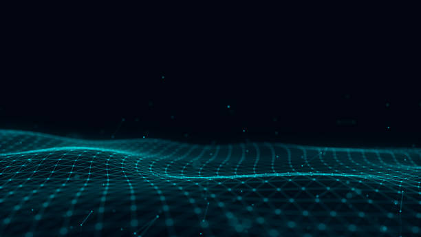 istock Futuristic digital wave. Dark cyberspace. Abstract wave with dots and line. White moving particles on background. 3d rendering. 1585035209
