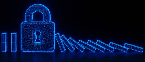 istock Business concept dominos. Cyber security data protection business technology privacy concept. 3d illustration 1585036282
