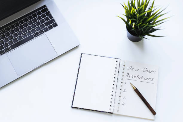 istock open notepad with text new year resolutions. and empty list. laptop and smartphone on background 1585058360