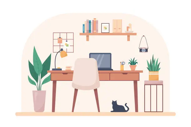 Vector illustration of Cozy home interior design concept. Workplace interior. Vector illustration in flat style