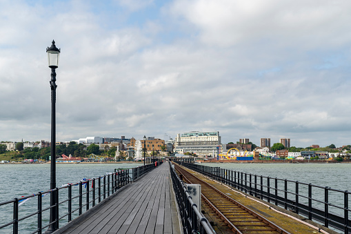 Railway on the pier in Southend, England, UK.  Southend has the longest entertainment pier in the world.