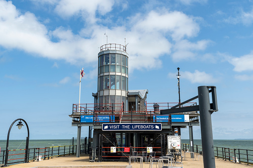 RNLI lifeboat station on the end of the pier in Southend, England, UK.  Southend has the longest entertainment pier in the world, this is the end of the pier.