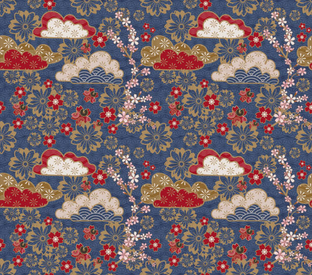 일본 구름과 벚꽃. 전통적인 금색, 빨간색, 파란색 컬러 패턴 디자인. - color image colored background tree branch stock illustrations