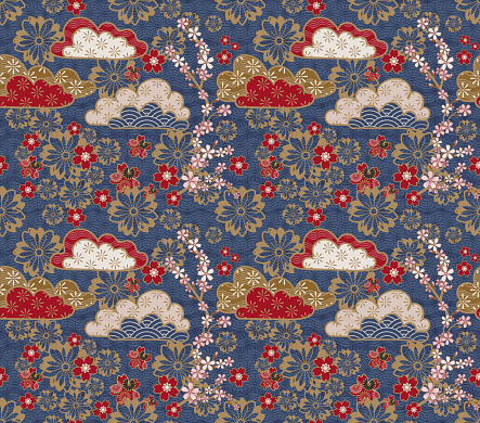 Japanese clouds and cherry blossom flowers. Traditional gold, red and blue colored pattern design.
