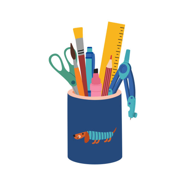 Desktop stand with pencil, pen, scissors, ruler, paintbrushes. Stationery items for school, work, study Desktop stand with pencil, pen, scissors, ruler, paintbrushes. Stationery items for school, work, study. Hand drawn vector illustration isolated on white background, modern flat cartoon style. clip art of a pencil holder stock illustrations