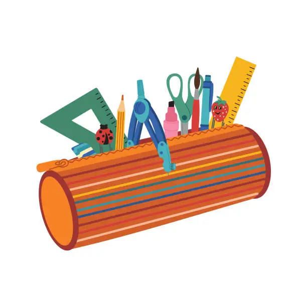 Vector illustration of School stationery in pencil box. Pens, pencils, rulers, marker, scissors, sharpener, clips in a pencil case