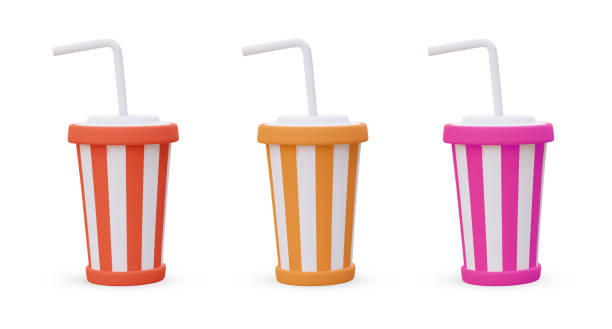 istock Set of striped cups for cold drinks. Opaque drinkware with straw and lid 1585134948