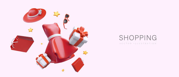 Happy shopping. Advertising banner in cartoon style Happy shopping. Advertising banner in cartoon style. Template with floating 3D objects, place for text. Red dress, hat, sunglasses, gift boxes and packages, stars red clothing stock illustrations