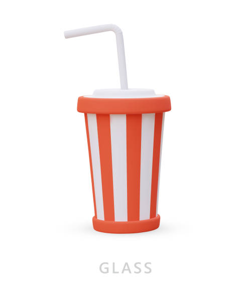 istock 3D paper striped cup with opaque lid and straw. Utensils for cold drinks 1585144236
