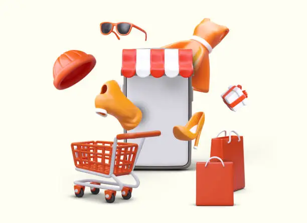 Vector illustration of Online shopping advertising. Mobile application of store. Clothes, shoes, hats