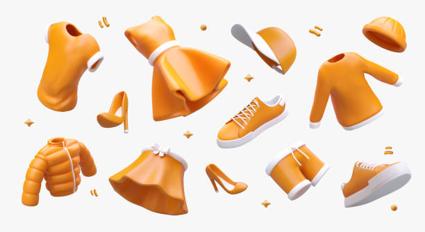 Set of realistic clothes, shoes, hats. Yellow items of men and women wardrobe Set of realistic clothes, shoes, hats. Yellow items of men and women wardrobe. Cute image with stars, rays. Color illustration in cartoon style. Sports and classic clothes cartoon of the clothes line stock illustrations
