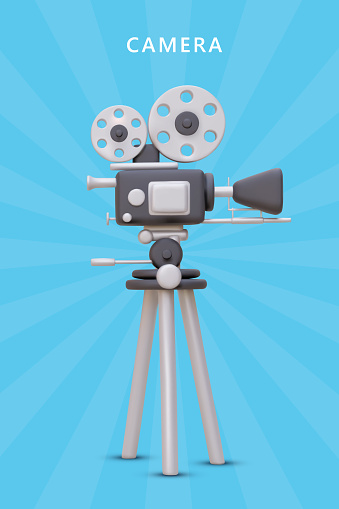 3D camera on blue background. Glowing effect. Video studio advertising template. Concept of invitation to event, premiere, session. Movie festival layout