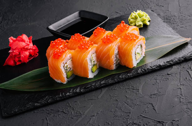 istock Philadelphia roll sushi with salmon on a dark background 1585149308