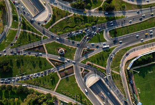 Aerial view of a highway intersection with a traffic intersection in Antalya city, Turkiye
