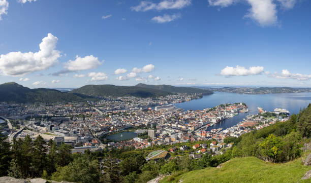 Hi res panoramic view from Mount Fløyen in Bergen, Norway of the town and harbour below Hi res panoramic view from Mount Fløyen in Bergen, Norway of the town and harbour below fløyen stock pictures, royalty-free photos & images