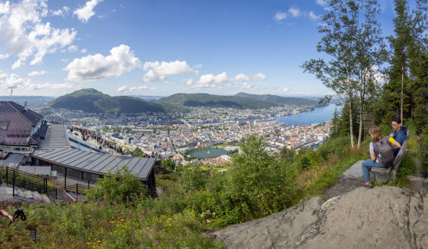 Hi res panoramic view from Mount Fløyen in Bergen, Norway of the town and harbour below Hi res panoramic view from Mount Fløyen in Bergen, Norway of the town and harbour below fløyen stock pictures, royalty-free photos & images