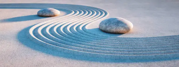 Motive made of two stones and lines in the sand at evening sun - 3D illustration
