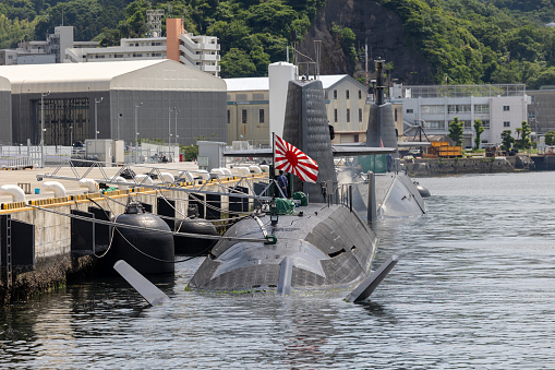 Yokosuka, Japan - May 25, 2023 : Japanese submarines at the Japan Maritime Self-Defense Force's base in Yokosuka, Kanagawa Prefecture, Japan.