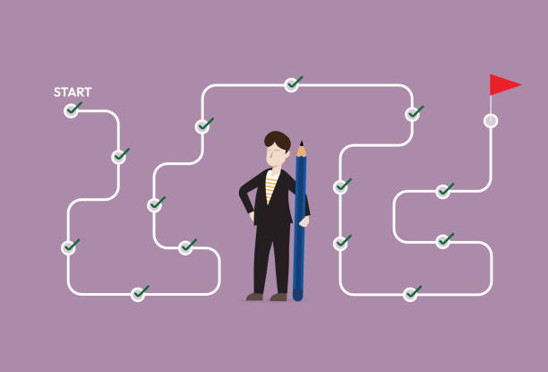 stockillustraties, clipart, cartoons en iconen met navigating workflow and progress, the path to achieving milestones, businessman checking business process roadmap - bedrijfsproces