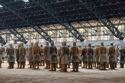 Xi'an, Shaanxi Province, China - October 28, 2015: Awesome view of the Terracotta Warriors of the famous Terracotta Army inside the Qin Shi Huang Mausoleum of the First Emperor of China.