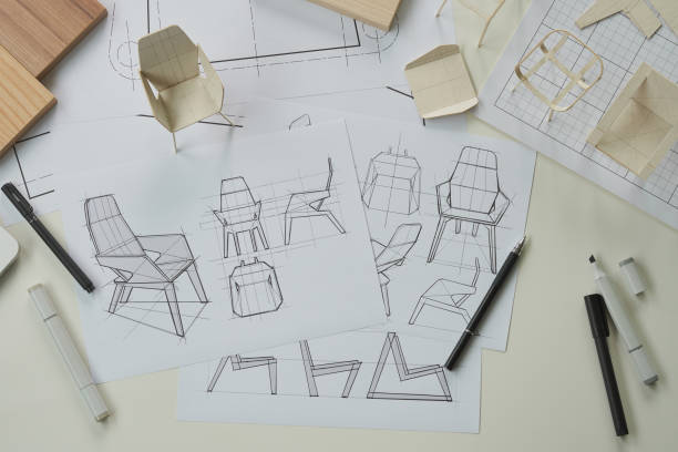 Designer sketching drawing design development product plan draft chair armchair Wingback Interior furniture prototype manufacturing production. designer studio concept .