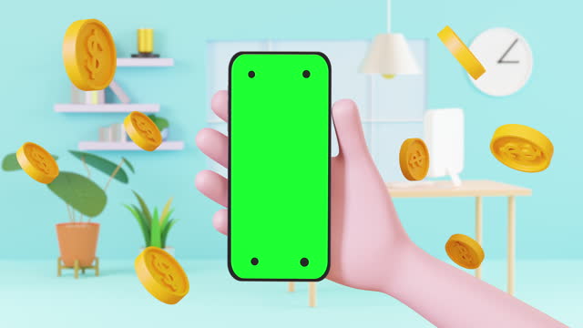 3d animation cartoon hand holding Green screen smartphone with money around.