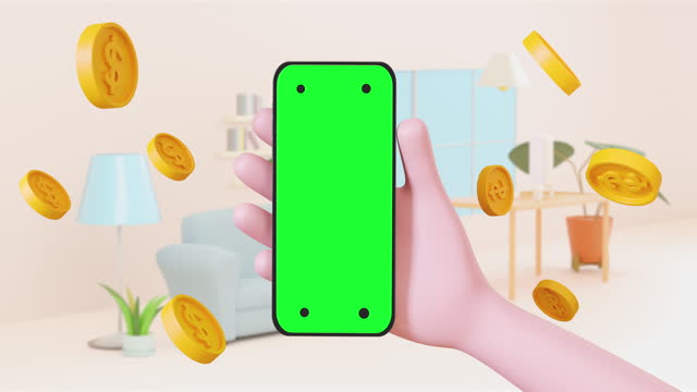 3d animation cartoon hand holding Green screen smartphone with money around.