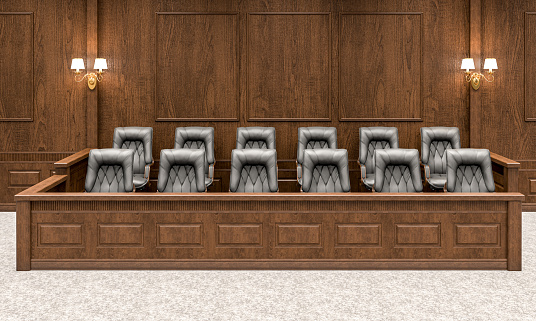 witness stand in the courtroom. 3d render