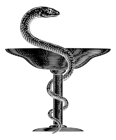 Bowl of Hygieia medical symbol, sign or icon for Pharmacy or a Pharmacist. A cup with a snake wrapped or intertwined around it.
