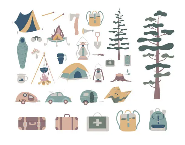 Vector illustration of Set of doodle forest camping design elements. Hand drawn hiking and camping doodles perfect for summer camp flyers and posters.