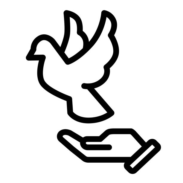 ikona gołębia na linii dłoni, koncepcja światowego dnia pokoju, latający gołąb i znak ludzkiej dłoni na białym tle, kontur symbolu dłoni i ptaka do projektowania stron mobilnych. grafika wektorowa. - hand sign peace sign palm human hand stock illustrations