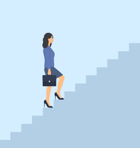 ilustrações, clipart, desenhos animados e ícones de vista lateral da empresária subindo escadas. conceito de crescimento e desenvolvimento de carreira - staircase determination goal high up