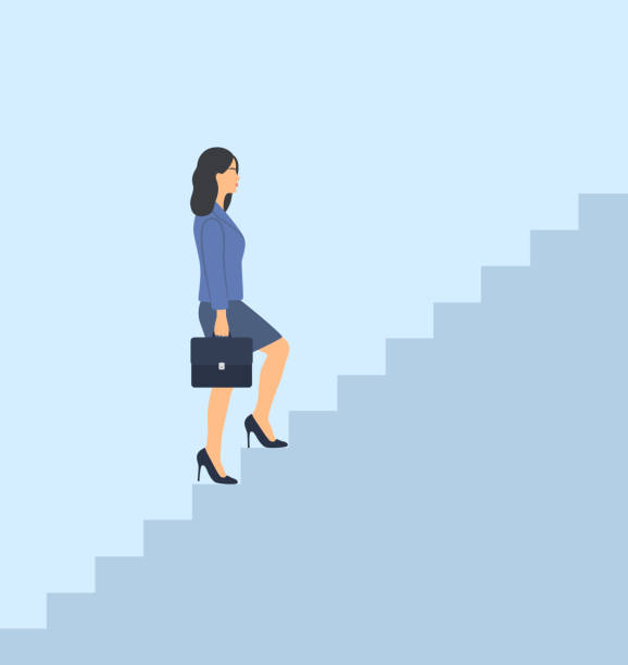 вид сбоку на деловую женщину, поднимающуюся по лестнице. концепция карьерного роста и развития - staircase determination goal high up stock illustrations