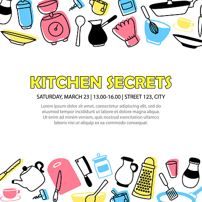 Square banner with yellow text - Kitchen secrets, and frame with cartoon cookware. Template of vector card with invitation to cooking class with chef