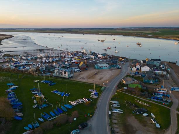 Felixstowe Ferry and boat yards aerial view stock photo