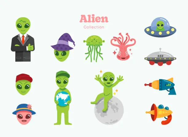 Vector illustration of Alien flat set. Green alien element symbols and objects collection. Vector Illustration